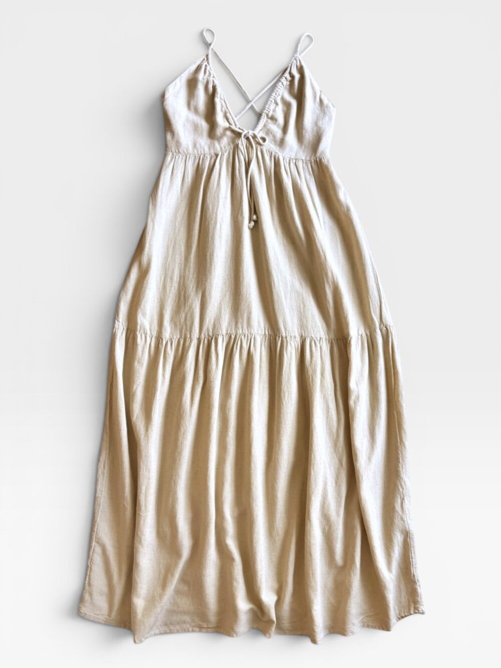Sim & Sam Beige Linen Blend Boho Maxi Dress Crisscross Back Size Medium - Picture 7 of 13